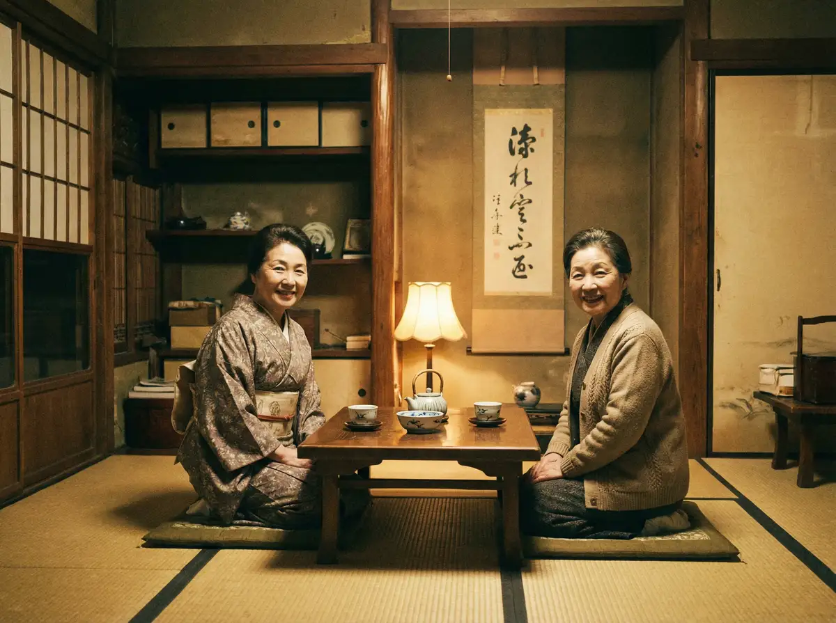 两位优雅的 大奶子 在日式茶室中品茶交谈
